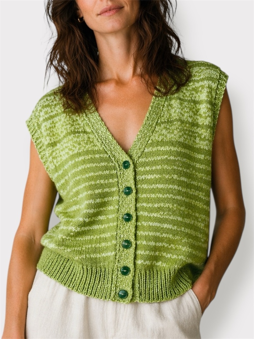Vintage Green Marl Knit Sweater Vest With Statement Buttons Oversized